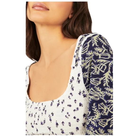 Free People Marigold Mix Print Smocked Top Navy Combo size S - Picture 3 of 6